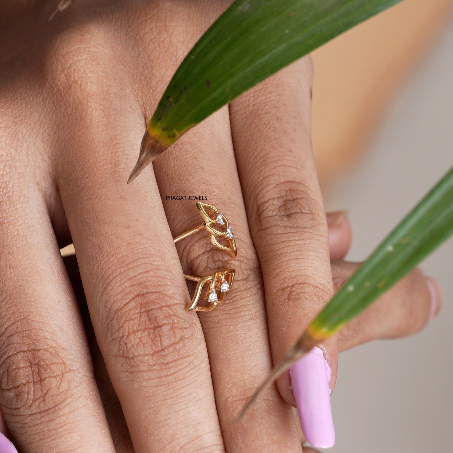 Leaf Gold Earrings With Brilliant Cut Diamond,Handcrafted With Love.