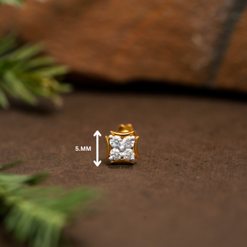 18K Gold Nose Pin with 4 Natural Diamonds – Floral Stud Design | Elegant Nose Jewelry for Women
