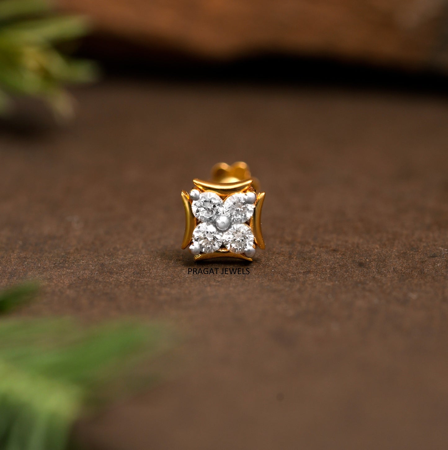 18K Gold Nose Pin with 4 Natural Diamonds – Floral Stud Design | Elegant Nose Jewelry for Women