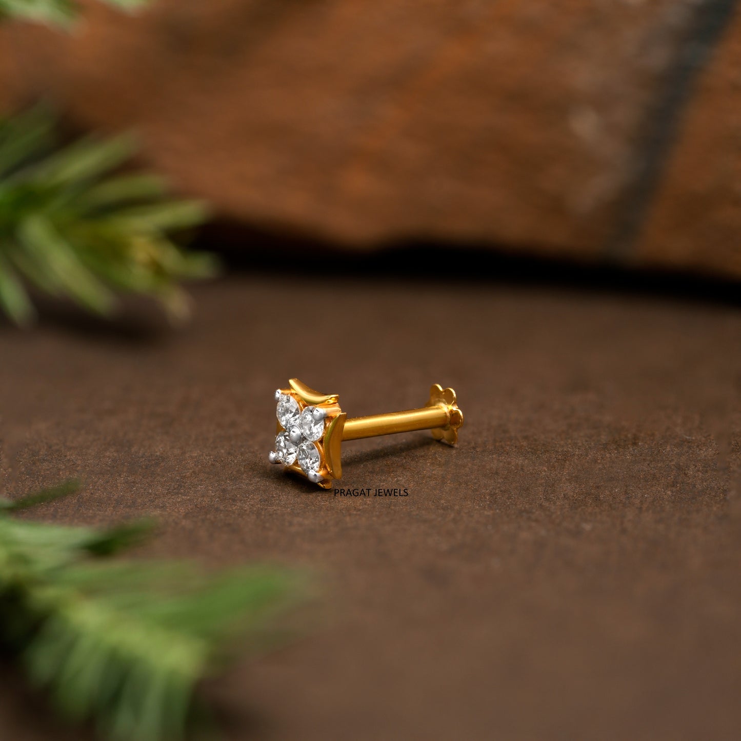 18K Gold Nose Pin with 4 Natural Diamonds – Floral Stud Design | Elegant Nose Jewelry for Women