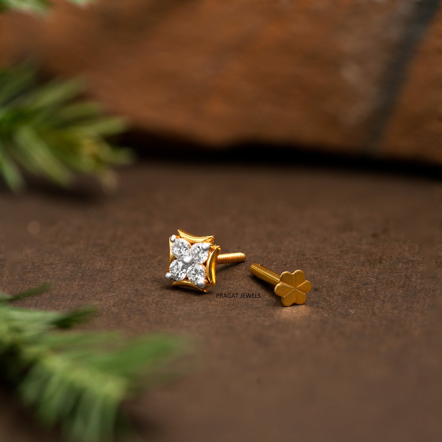 18K Gold Nose Pin with 4 Natural Diamonds – Floral Stud Design | Elegant Nose Jewelry for Women