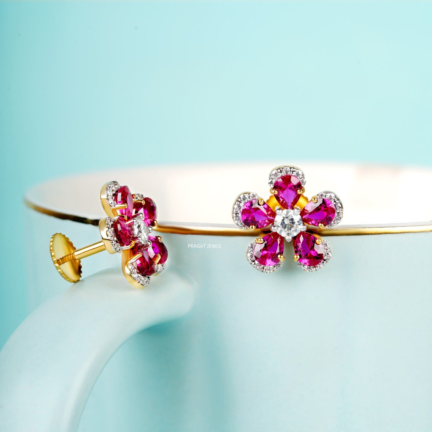 Flowers 14K Yellow Gold Earrings With Brilliant Cut Diamond,Handcrafted With Love.