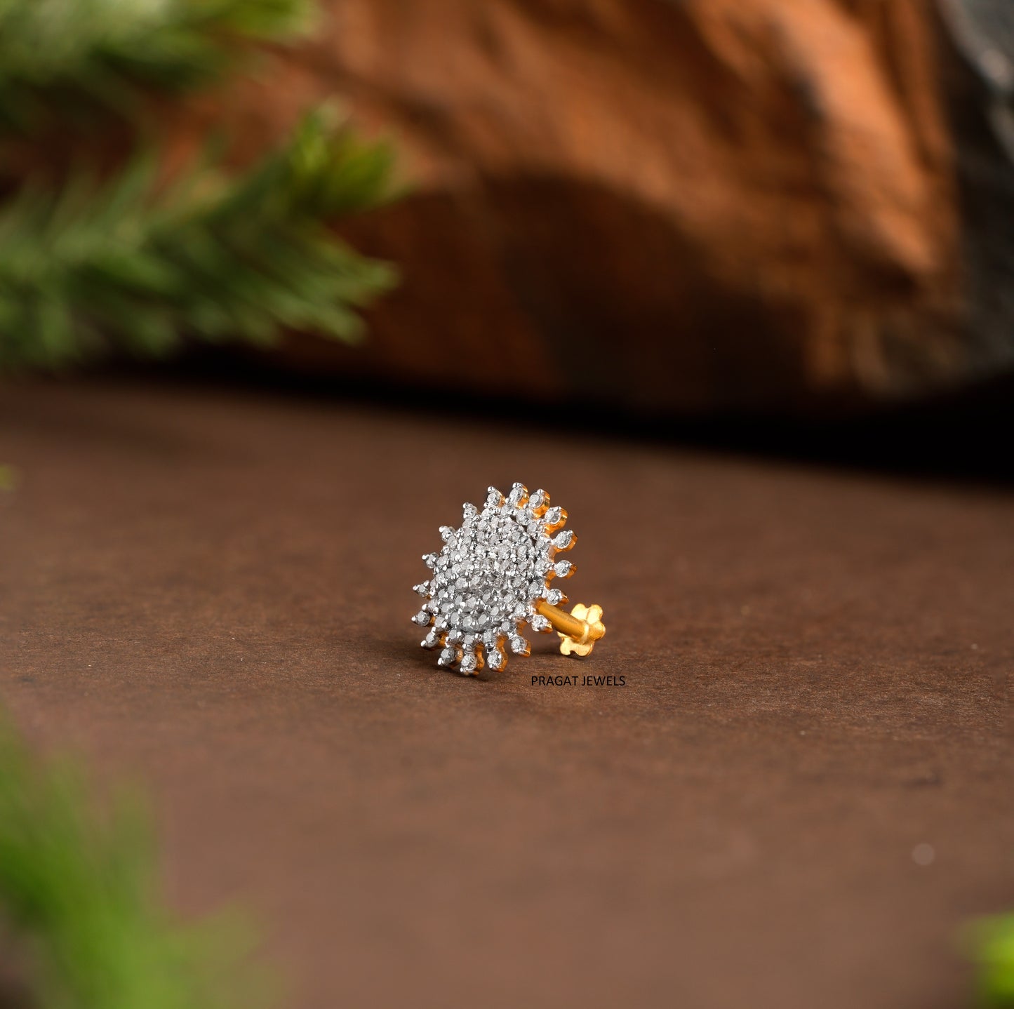 18k Yellow Gold Diamond Floral Round Nosepin A precious Gift for The Percious One.