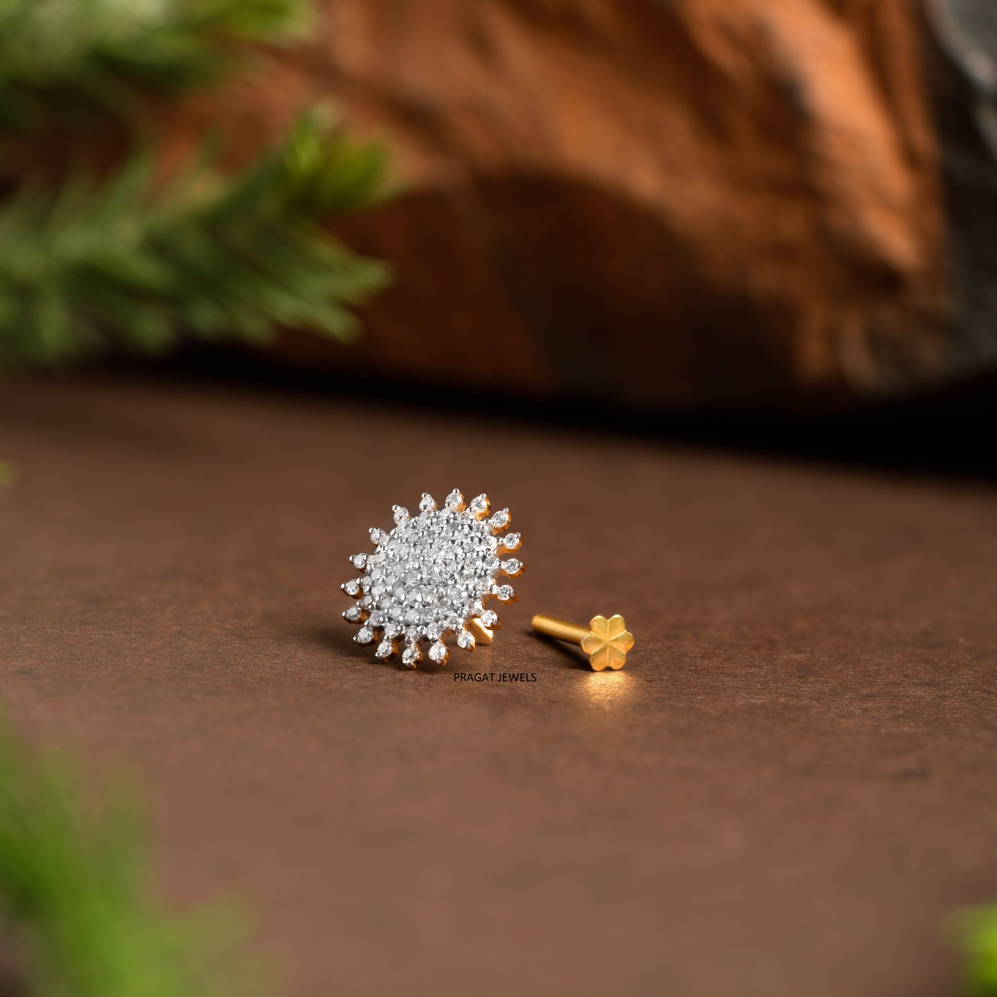 18k Yellow Gold Diamond Floral Round Nosepin A precious Gift for The Percious One.