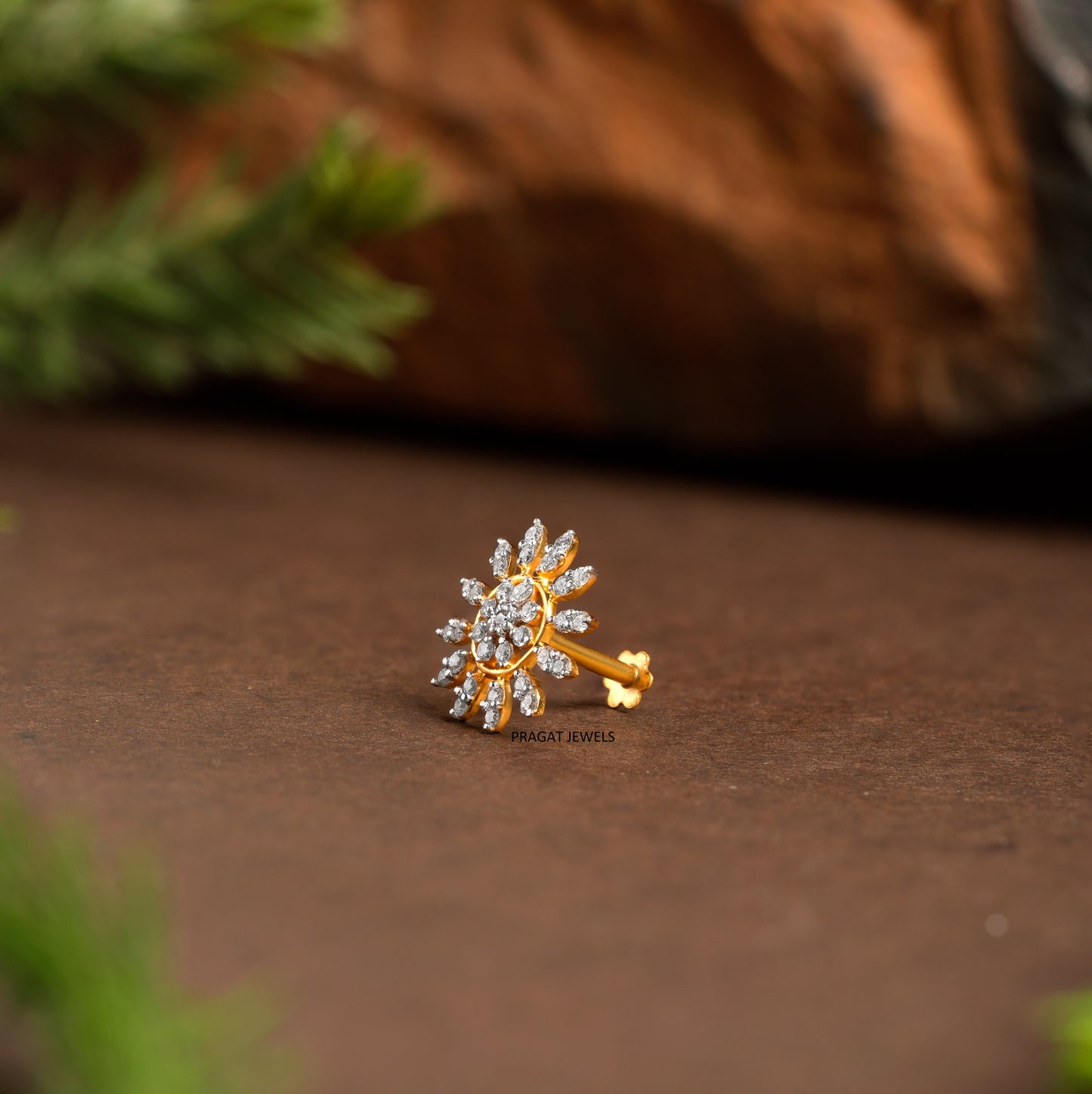 Flower Push Nosepin Stud, Indian Dangle Nose Stud, Tragus Stud, Helix Stud, Gold Nose Piercing,