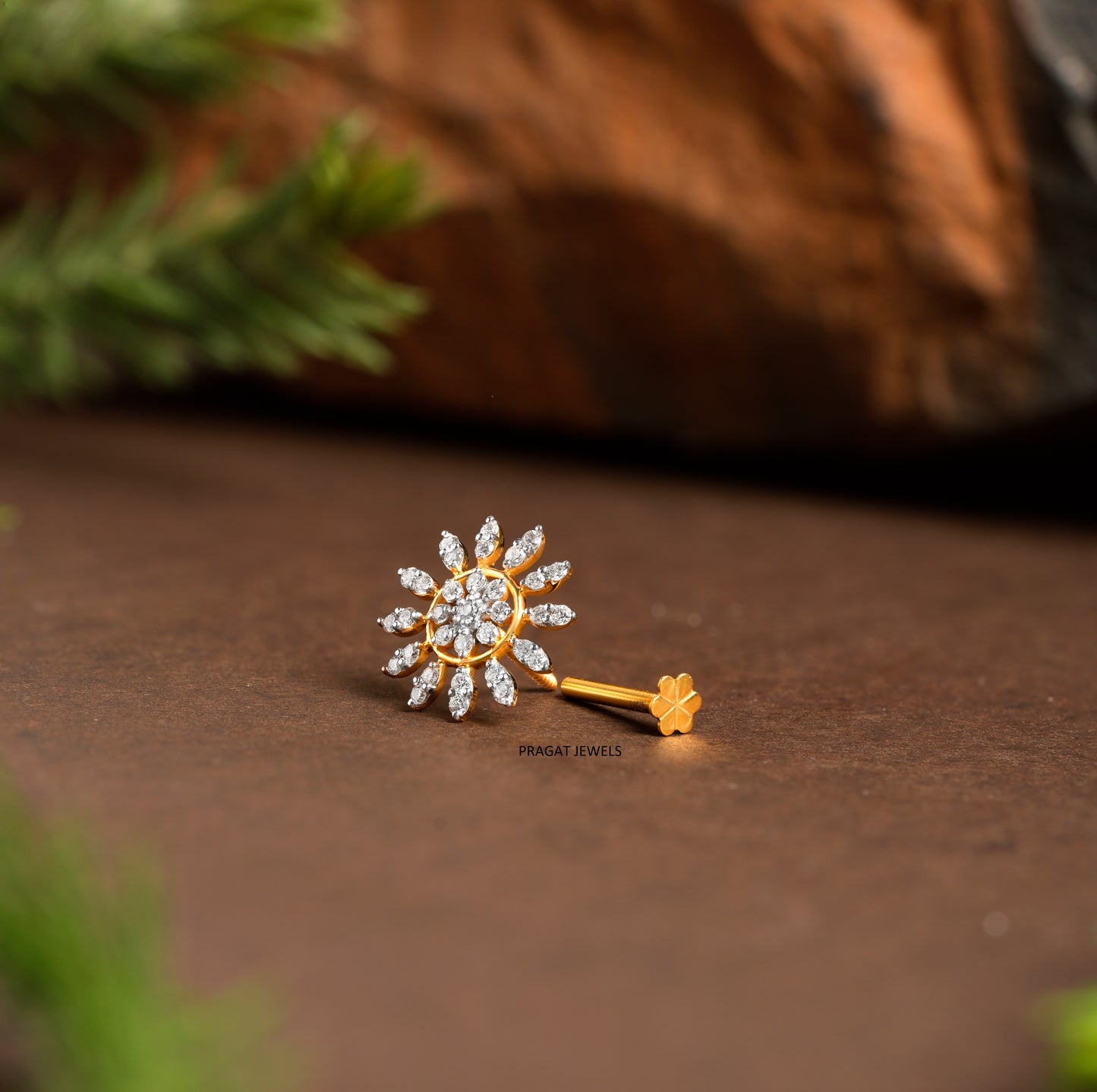 Flower Push Nosepin Stud, Indian Dangle Nose Stud, Tragus Stud, Helix Stud, Gold Nose Piercing,