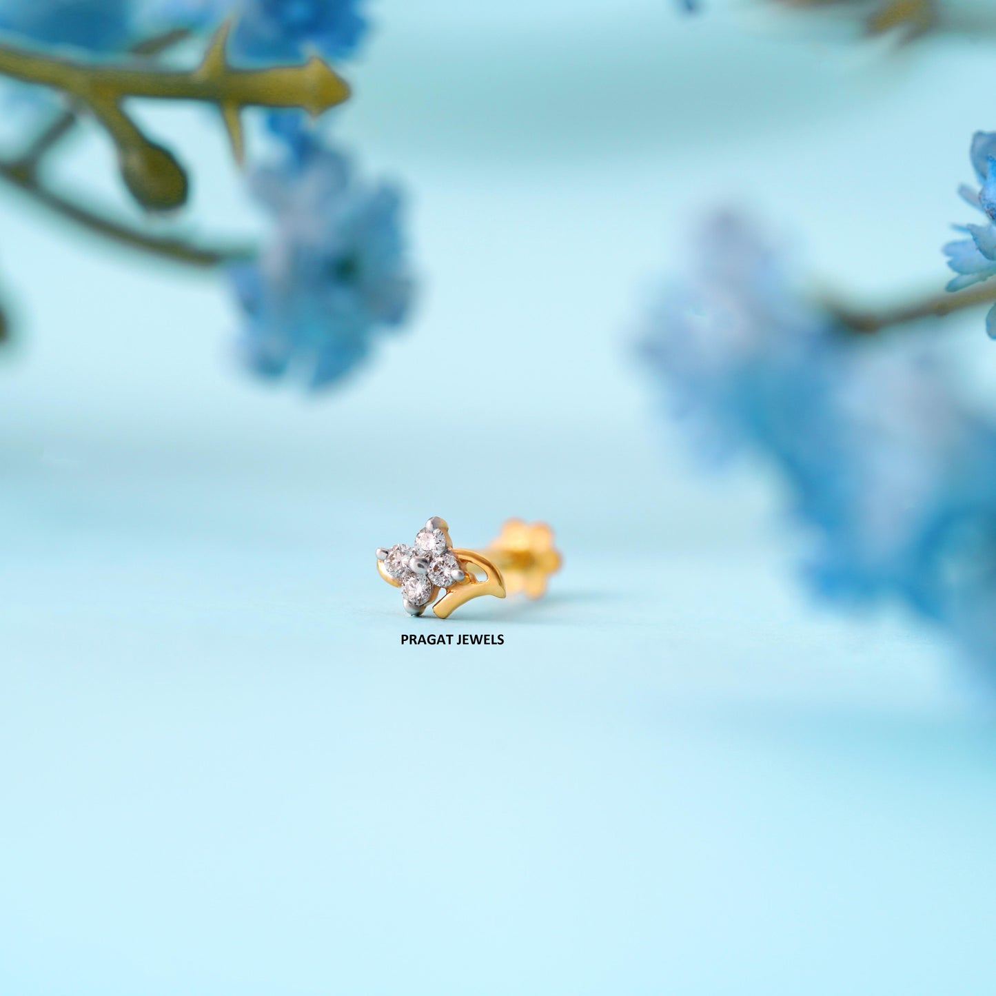 Solitaire Yellow Gold 4 Natural Diamonds Stud Ladie's Engagement nosepin