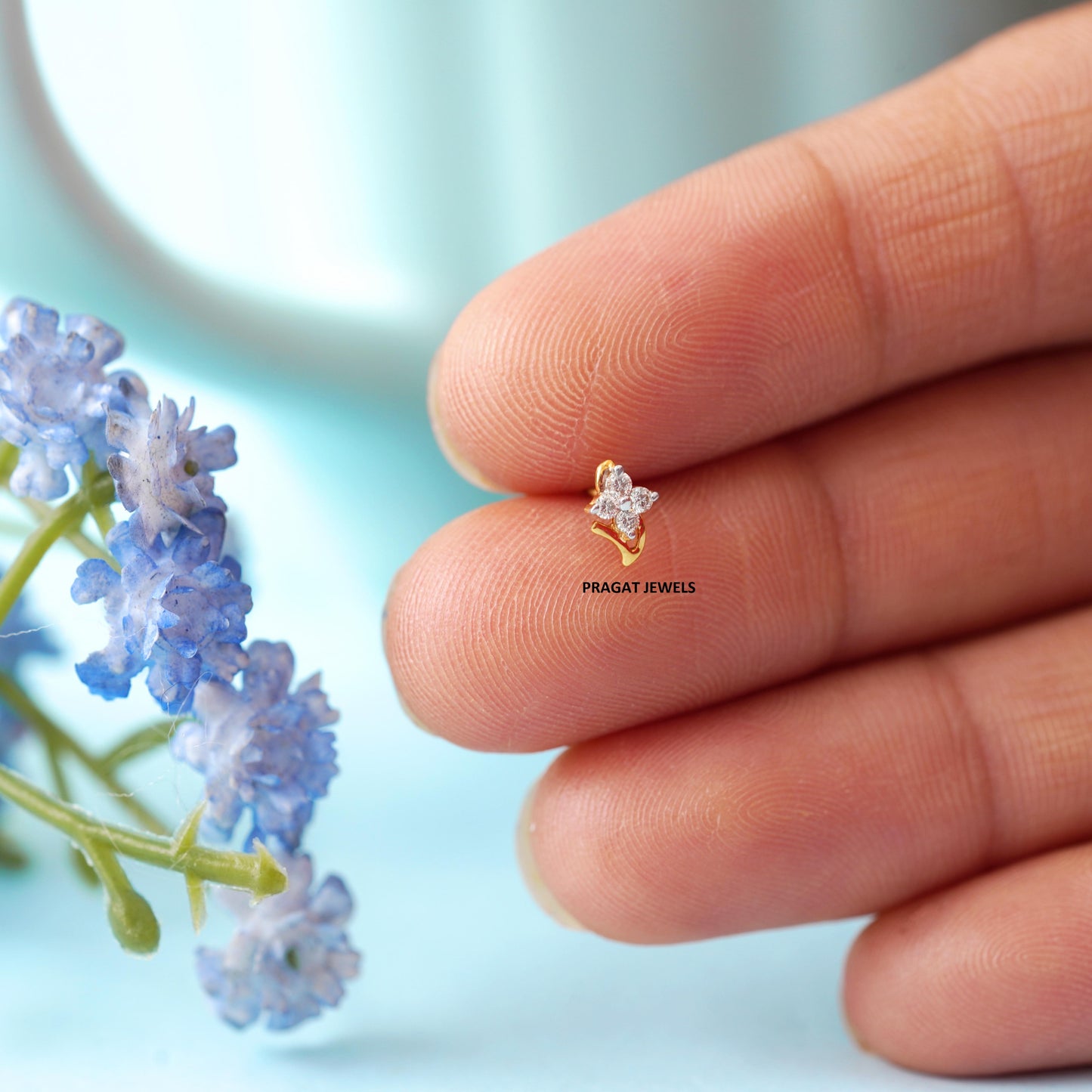Solitaire Yellow Gold 4 Natural Diamonds Stud Ladie's Engagement nosepin