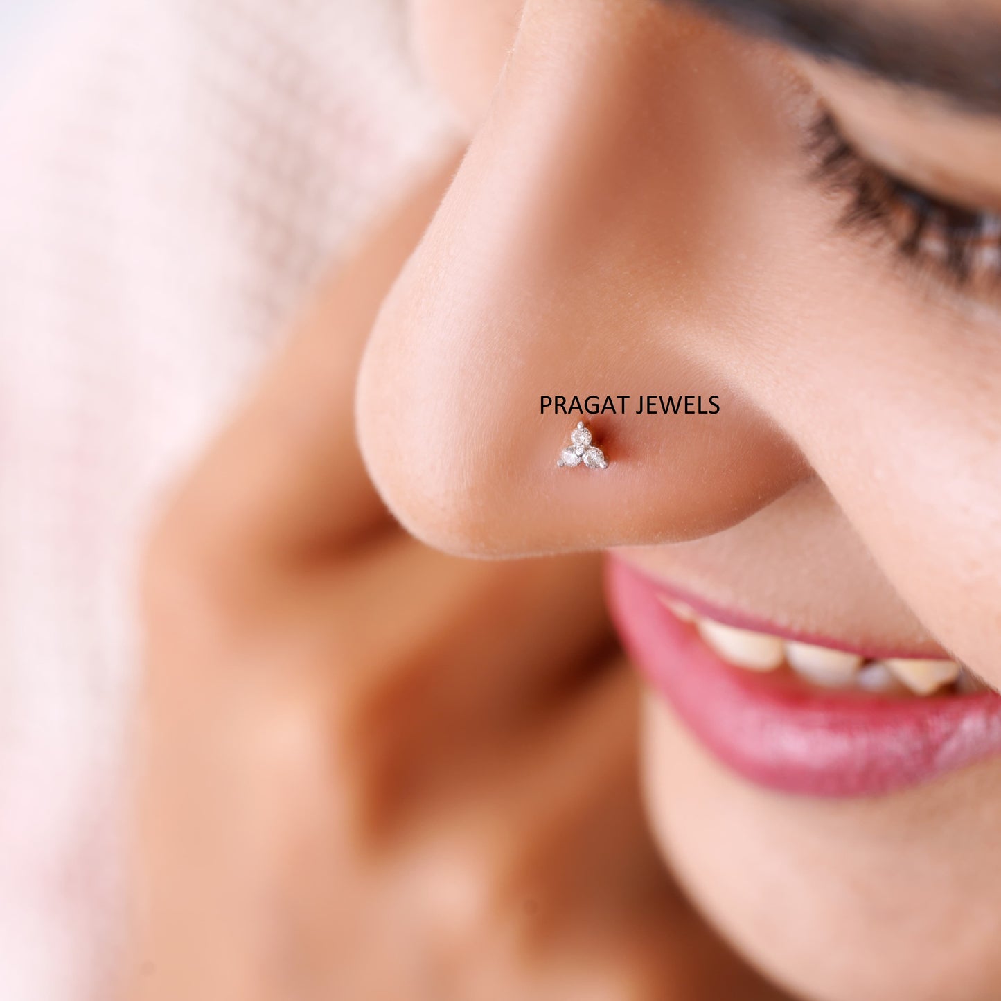 18K Gold Diamond Nose Pin โ Delicate 3-Stone Stud | Elegant Nose Jewelry for Women