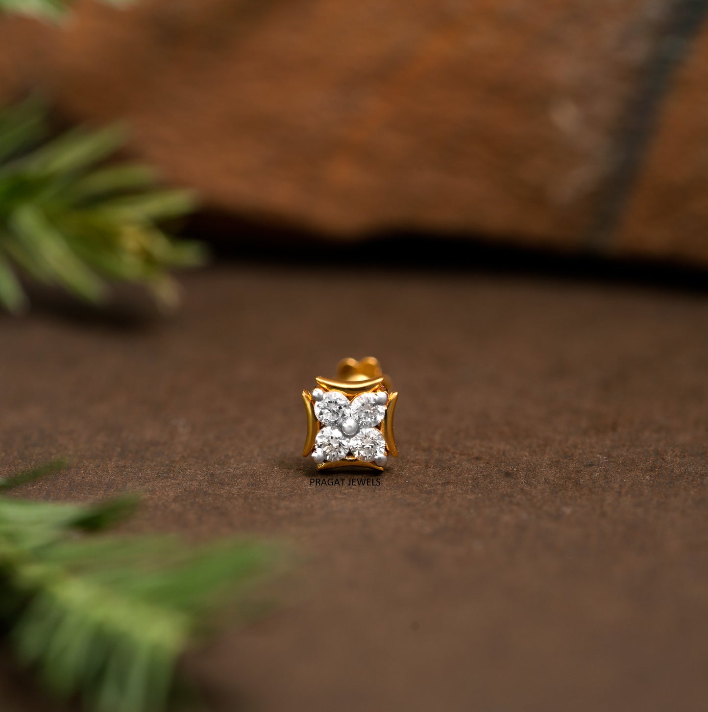 18K Gold Nose Pin with 4 Natural Diamonds – Floral Stud Design | Elegant Nose Jewelry for Women