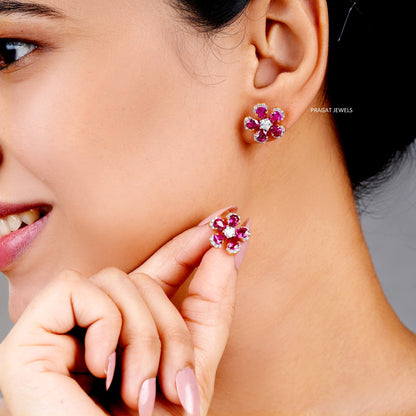 Flowers 14K Yellow Gold Earrings With Brilliant Cut Diamond,Handcrafted With Love.