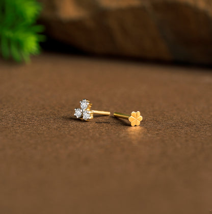 18K Gold Round  Diamond Trio Tiny Nose Stud/ Simple Three Stone Cluster Nose Stud / Tiny Diamond Studs / Last Minute Gift