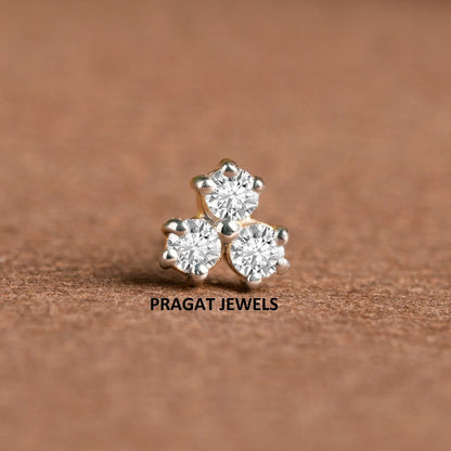 18K Gold Round  Diamond Trio Tiny Nose Stud/ Simple Three Stone Cluster Nose Stud / Tiny Diamond Studs / Last Minute Gift
