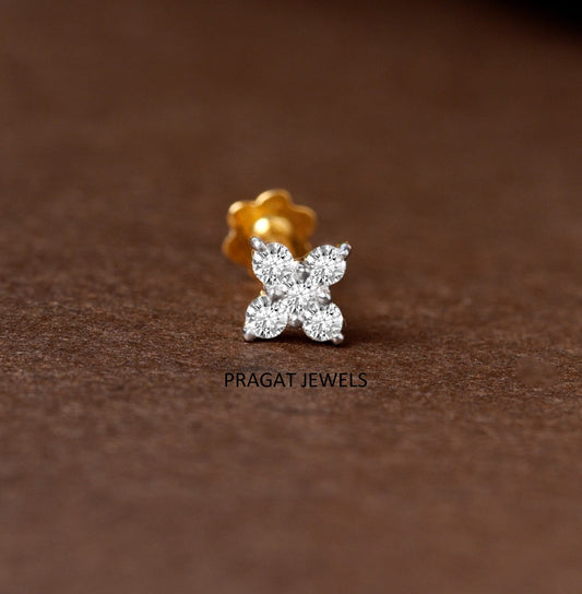 Minimalist Four-Stone Floral Nose Pin/Yellow Gold Threaded Screw-Back Diamond Nose Stud/