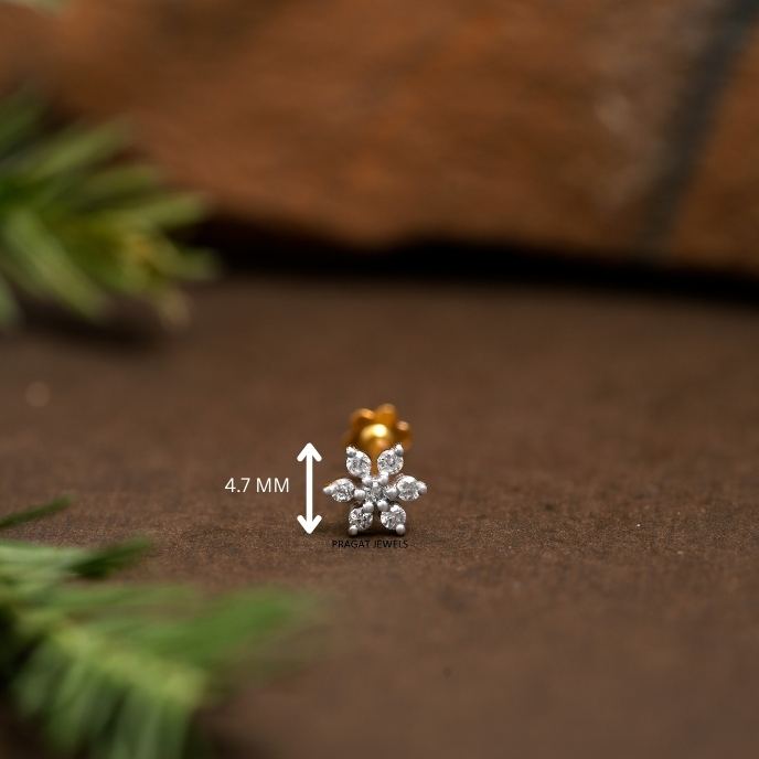 18K Gold Nosepin with 7 Natural Diamonds – Floral Design Diamond Stud Nose Ring for Women - PRAGAT JEWELS