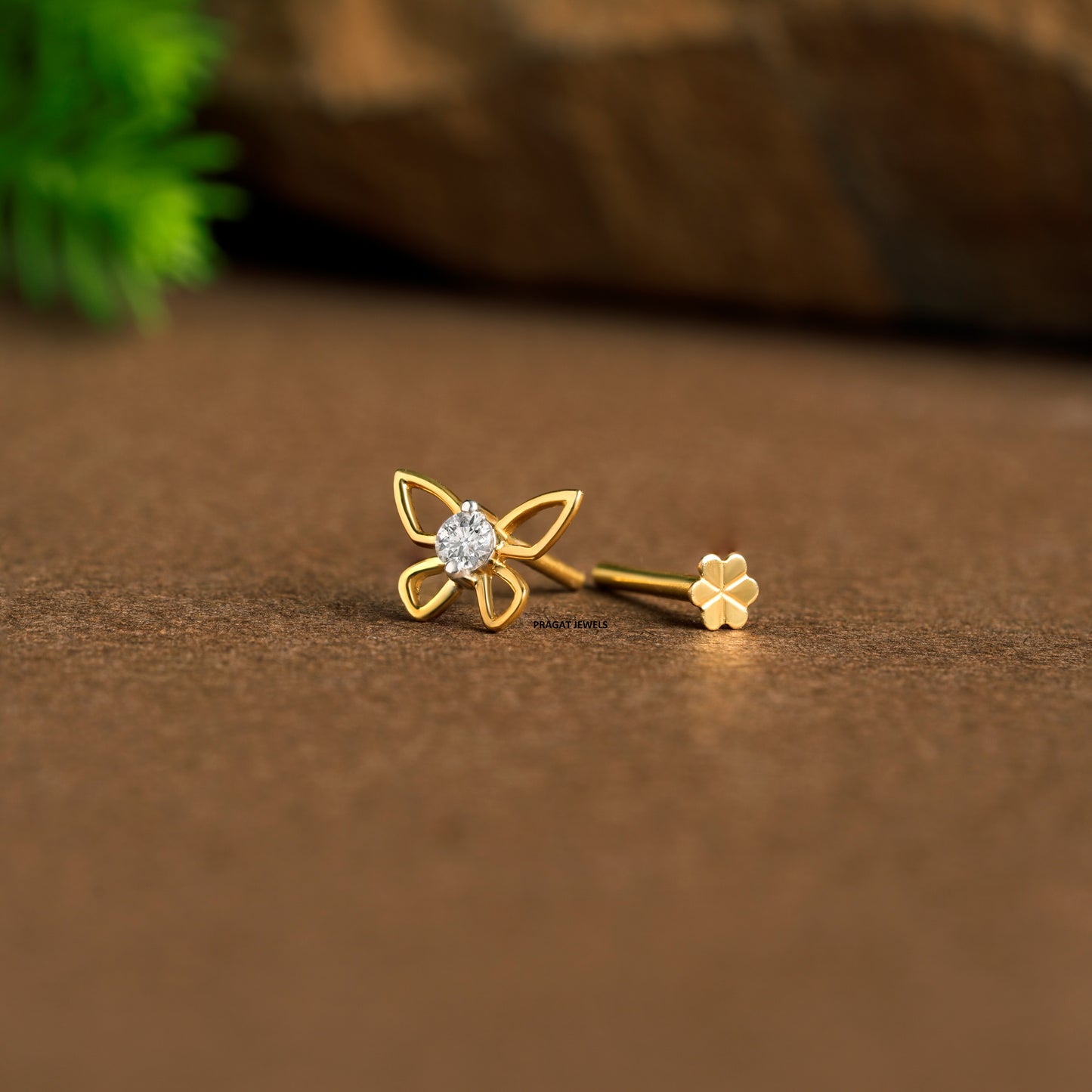 Butterfly 18KT Gold & Diamond Stud Nosepin Handmade Minimalist Jewelry