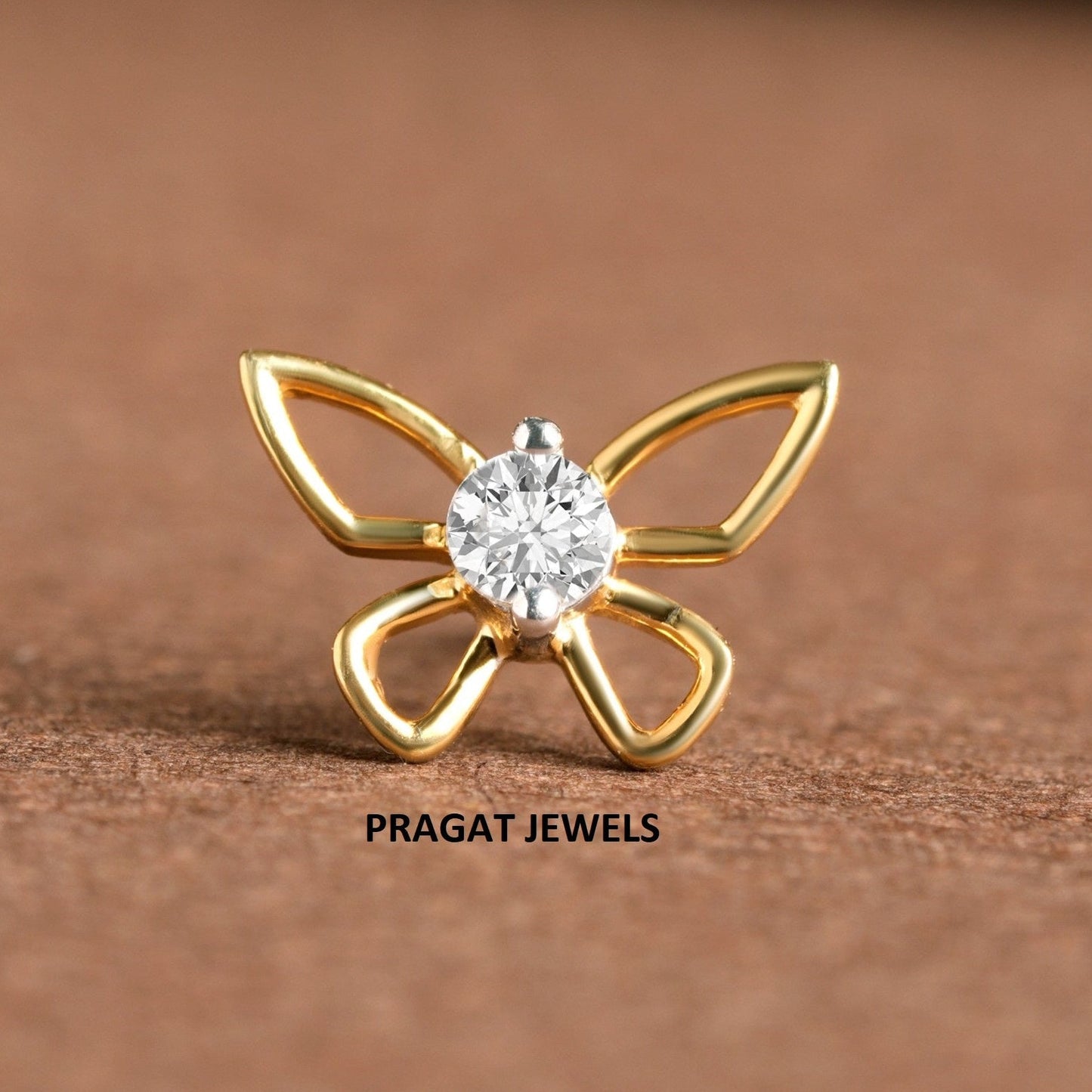 Butterfly 18KT Gold & Diamond Stud Nosepin Handmade Minimalist Jewelry