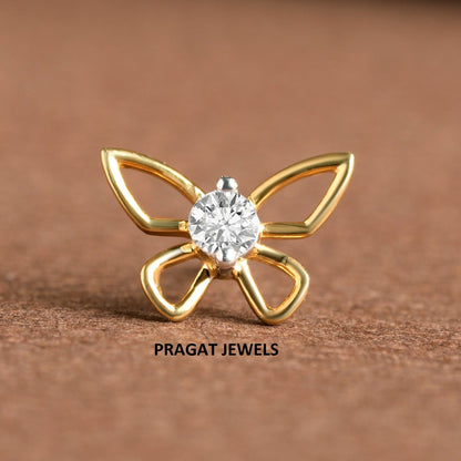 Butterfly 18KT Gold & Diamond Stud Nosepin Handmade Minimalist Jewelry