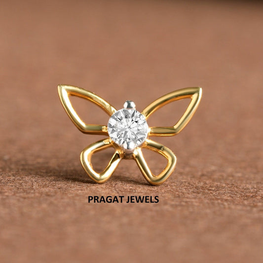 Butterfly 18KT Gold & Diamond Stud Nosepin Handmade Minimalist Jewelry