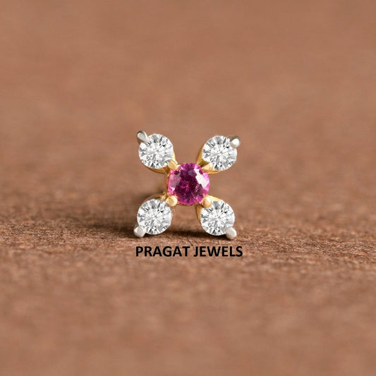18kt Yellow Gold Floral Red Diamond Nose Pin/Ruby Stone Nose stud