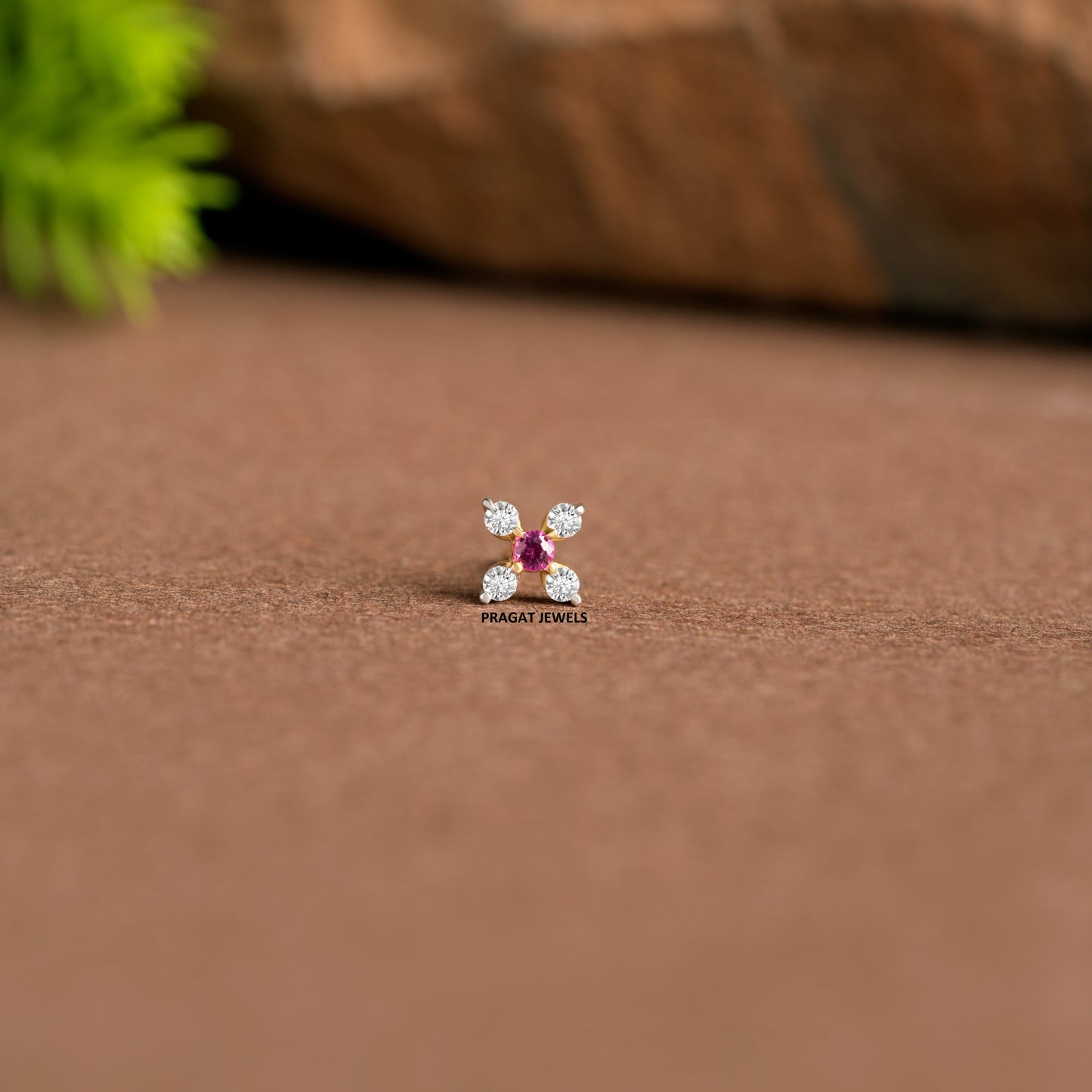 18kt Yellow Gold Floral Red Diamond Nose Pin/Ruby Stone Nose stud