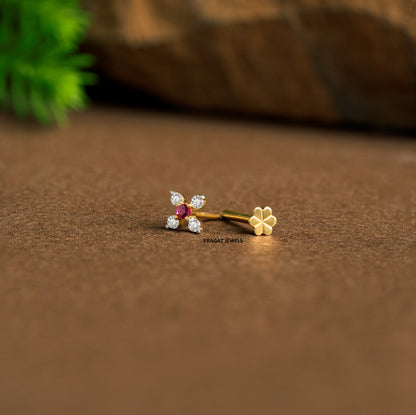 18kt Yellow Gold Floral Red Diamond Nose Pin/Ruby Stone Nose stud