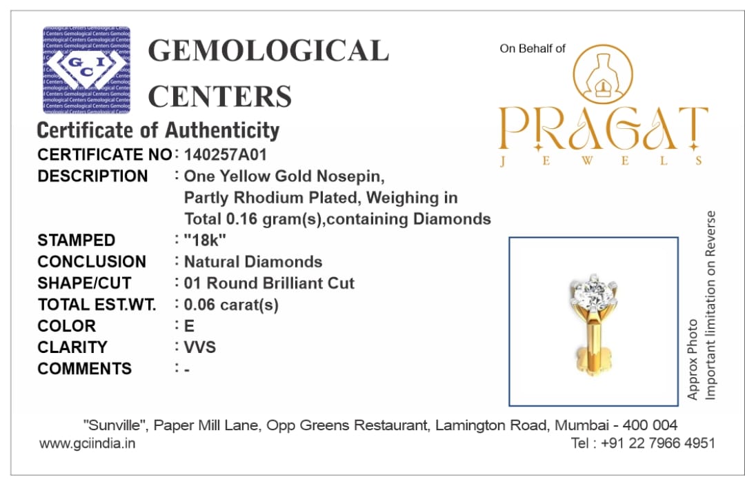 18kt Gold Single Diamond Nosepin/Nosestud/Andi Elegant Nose Jewelry for Women Gift For The Real Diamond Nosestud ,Conch ,lube,Rook , Buy diamond nosepin online - PRAGAT JEWELS