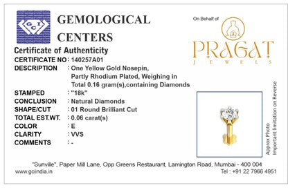 18kt Gold Single Diamond Nosepin/Nosestud/Andi Elegant Nose Jewelry for Women Gift For The Real Diamond Nosestud ,Conch ,lube,Rook , Buy diamond nosepin online - PRAGAT JEWELS