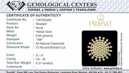 18k Yellow Gold Diamond Floral Round Nosepin A precious Gift for The Percious One.