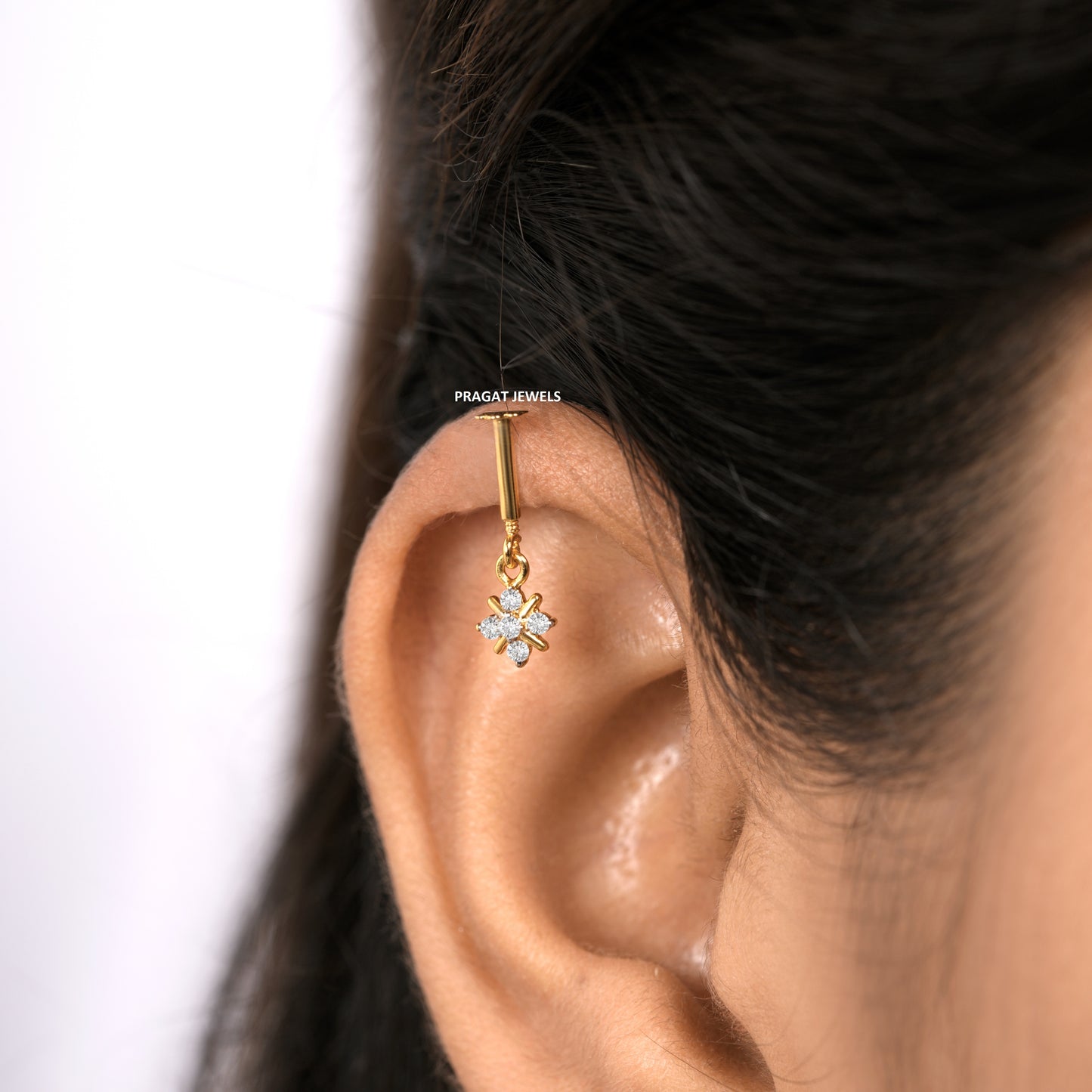 "18K Gold Diamond Helix Bugadi | Round Cluster Diamond  Earrings| Dainty  Earrings Jewelry for Women |