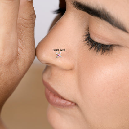 18kt Yellow Gold Floral Red Diamond Nose Pin/Ruby Stone Nose stud