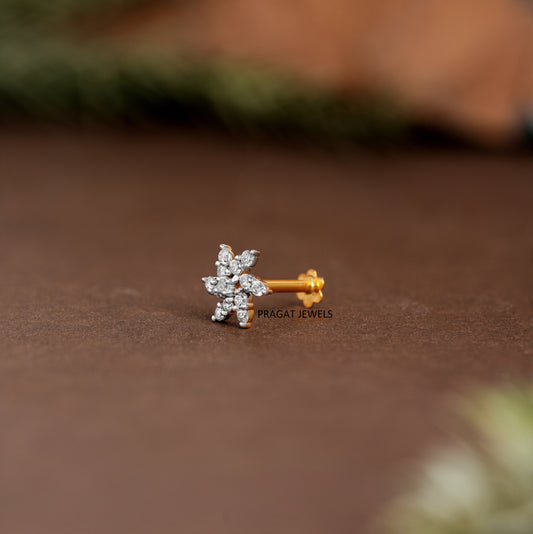Natural Diamond Nose Pin/ 18K Yellow Gold Wire Type Nose Pin/ Engagement Gif Anniversary Gift