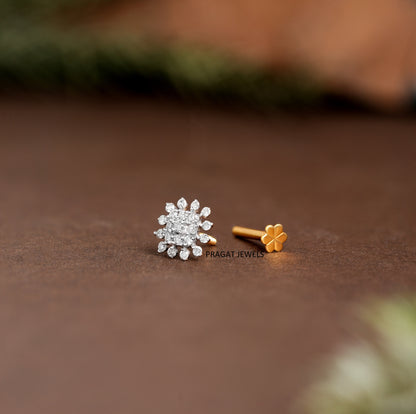 Natural Diamond Flower Stud for Nose Tragus Lobe Conch, 18K Gold Diamond Cluster nosepin