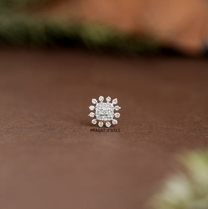 Natural Diamond Flower Stud for Nose Tragus Lobe Conch, 18K Gold Diamond Cluster nosepin