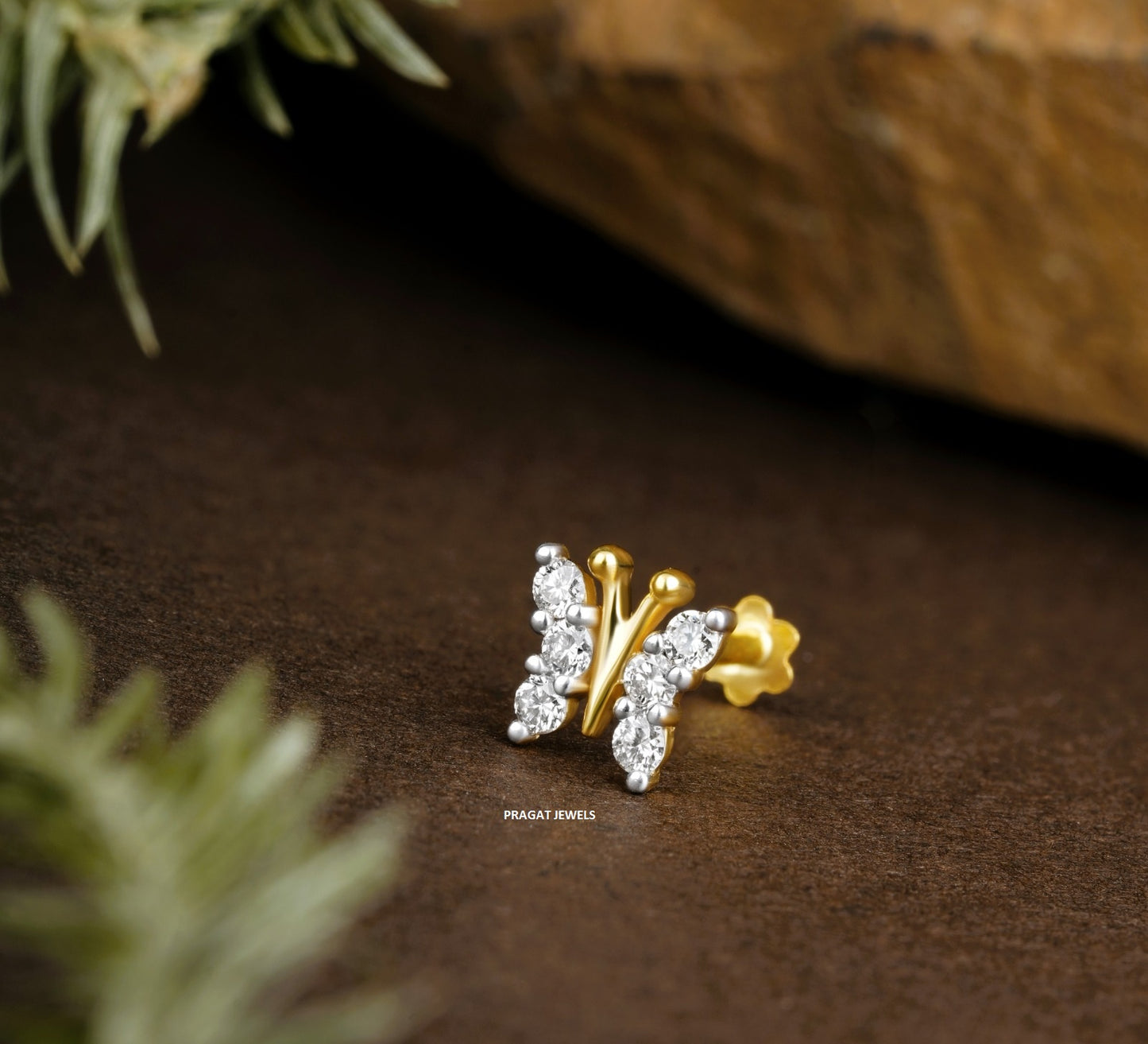 Twilight Butterfly 18KT Gold & Diamond Stud Nosepin  for women Gift for The Percious One.