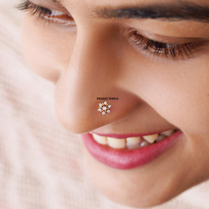 18K Gold Nose Pin with 7 Natural Diamonds – Floral Stud Design | Elegant Nose Jewelry for Women
