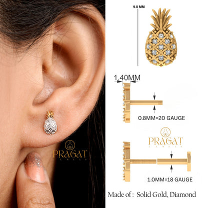 Diamond Pineapple Stud Earrings/Mini Pineapple Diamond Ear Stud/Golden Crown Pineapple Studs NP1233