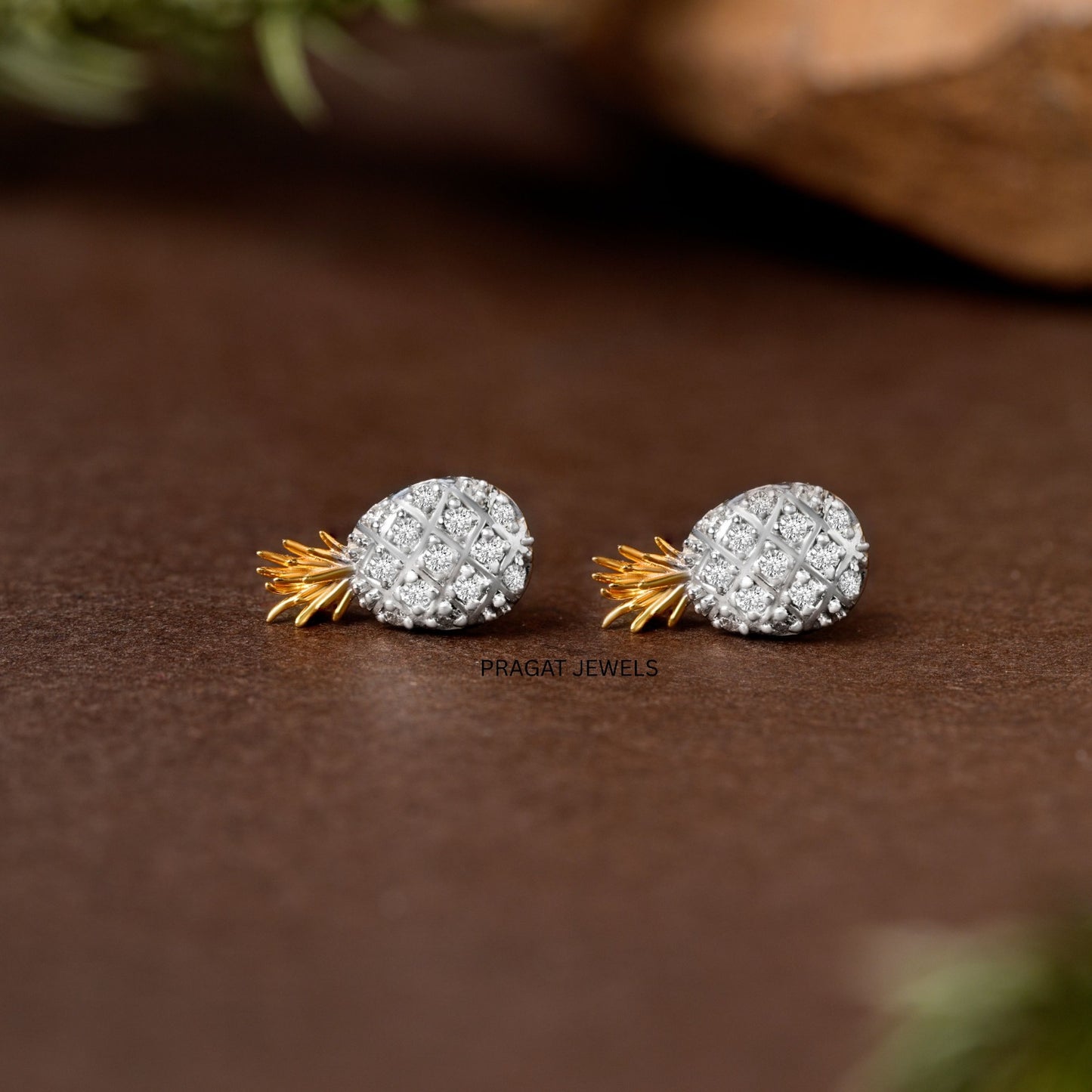 Diamond Pineapple Stud Earrings/Mini Pineapple Diamond Ear Stud/Golden Crown Pineapple Studs NP1233