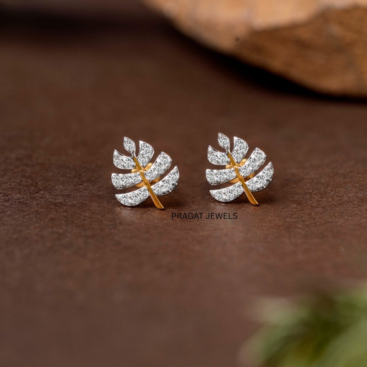 Diamond Palm Leaf Stud Earrings/Tropical Leaf Diamond Studs/Botanical Diamond Leaf Stud Earrings NP1229