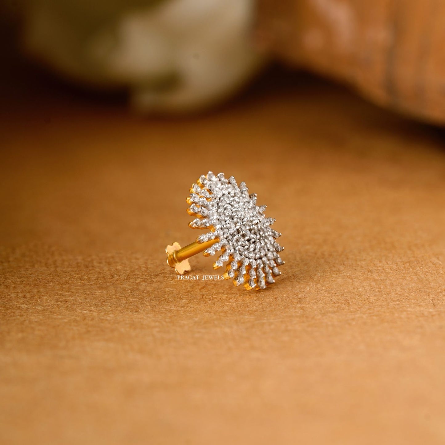 Diamonds Cluster Nosepin 18K Gold Indian Nose Stud Traditional Nose A precious Gift for The Percious One. - PRAGAT JEWELS