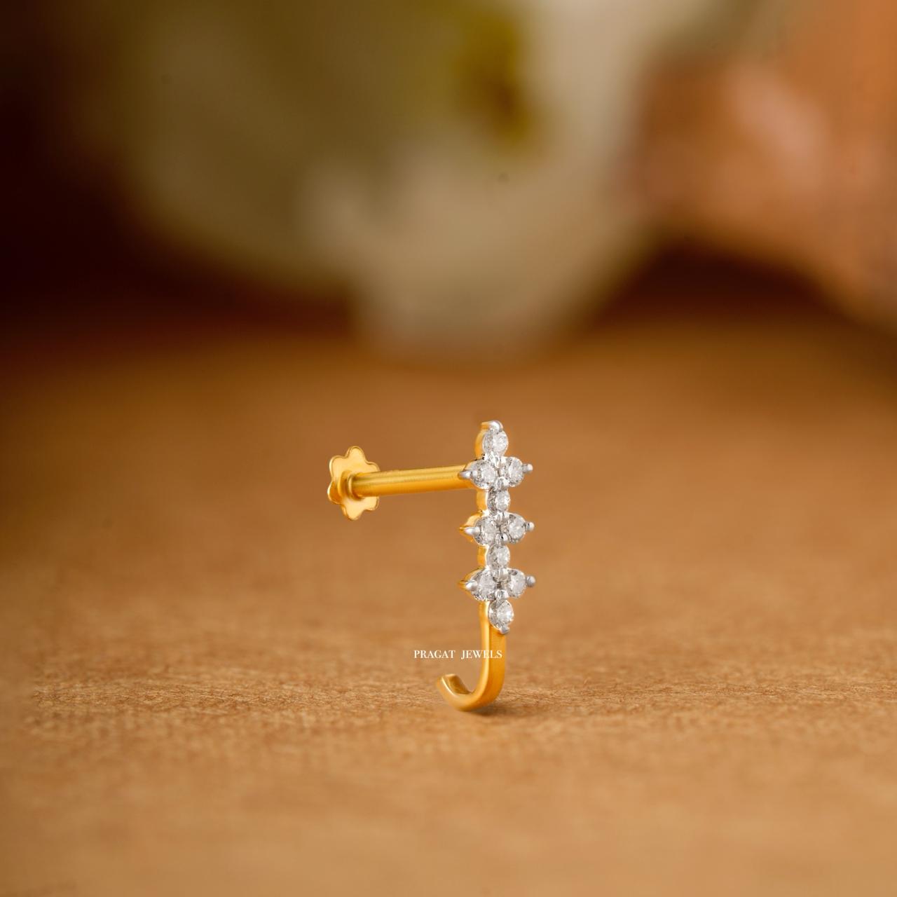 Brilliant Cut Diamond Studed 18K Yellow Gold 12MM Nosepin ,Handcrafted With Love For the Special Moments Of Your Life. - PRAGAT JEWELS