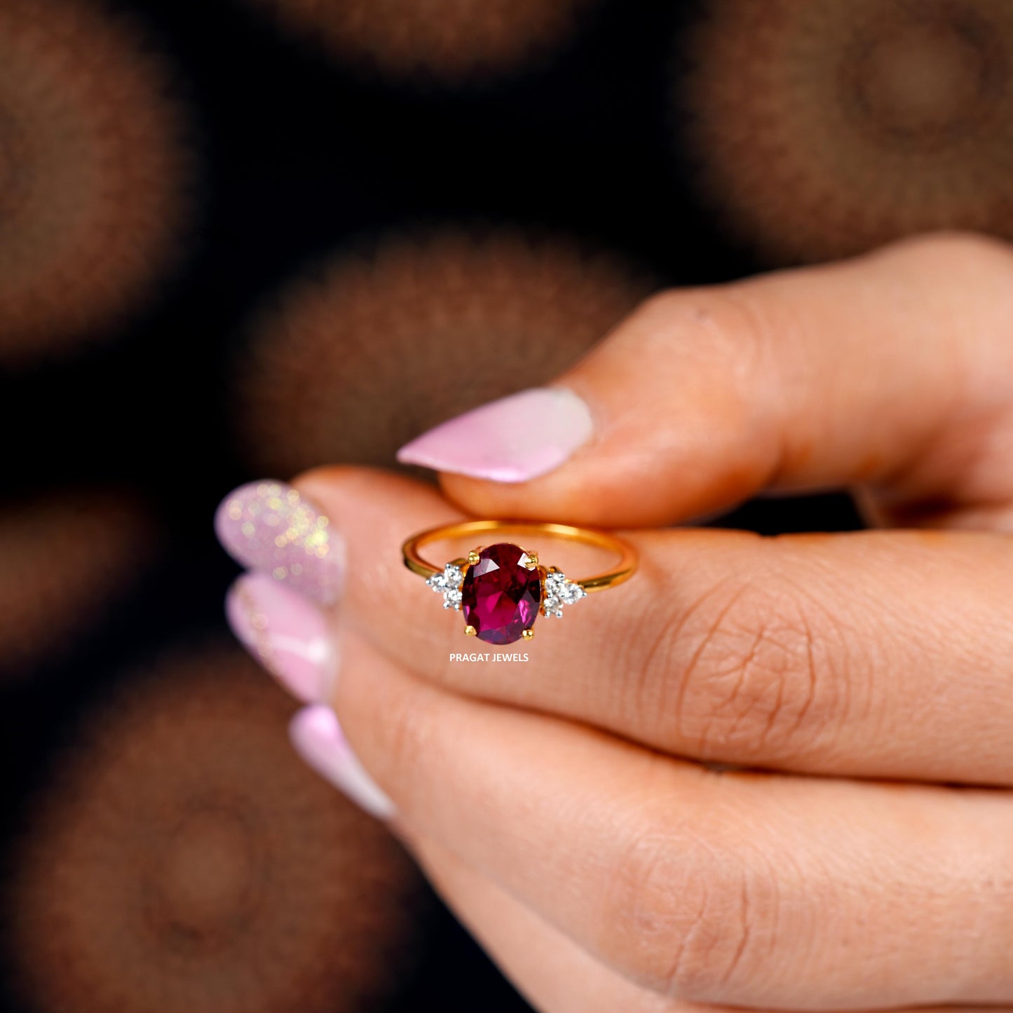Pink Stone Solitaire Yellow Gold Brillant Cut Diamond Stud Ladie's Engagement Ring, Hand crafted with love