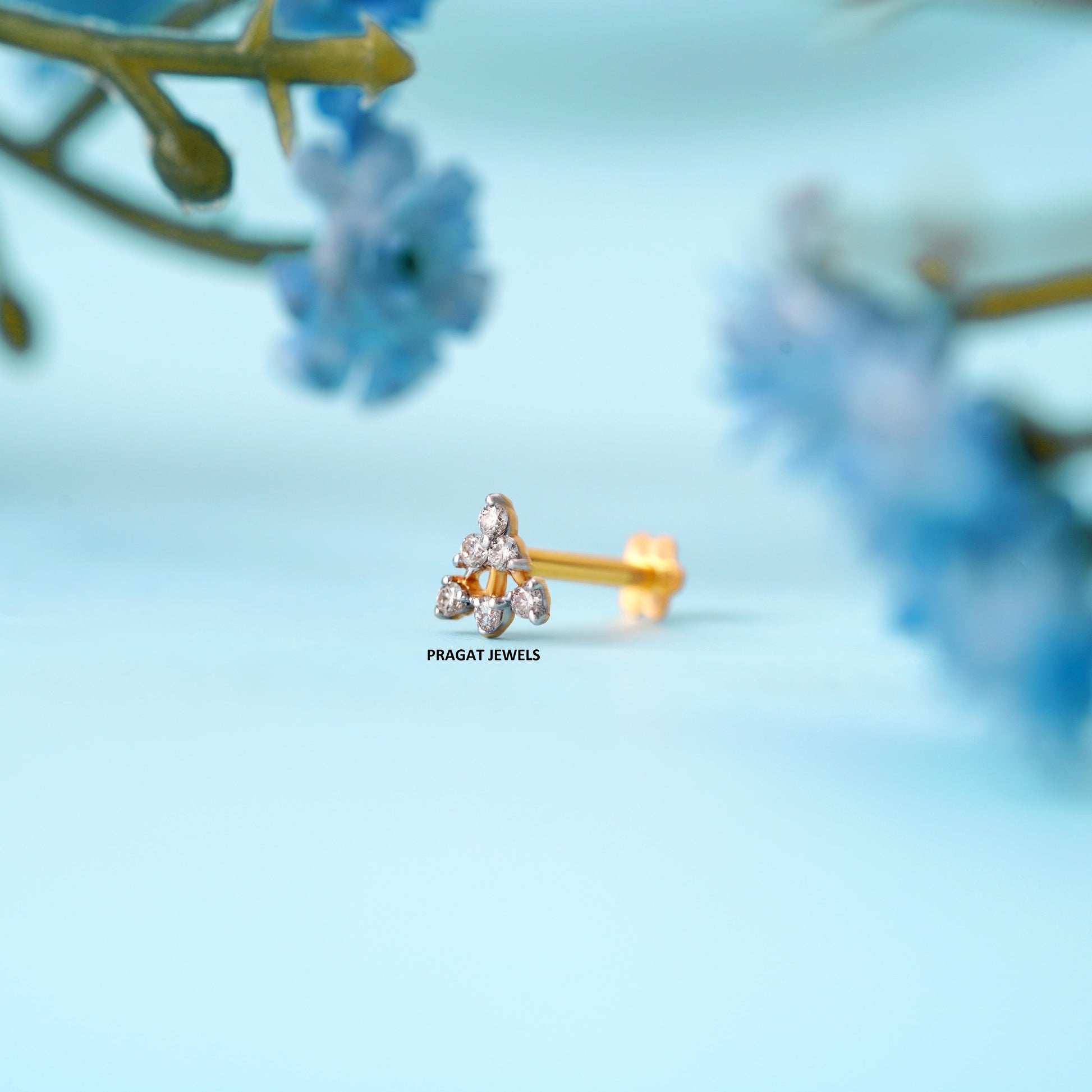 CrossOver Flower's 18K Gold Nosepin with 7 Natural Diamonds Floral Design Diamond Stud Nose Ring for Women Yellow Gold With ,Handcrafted With Love. - PRAGAT JEWELS