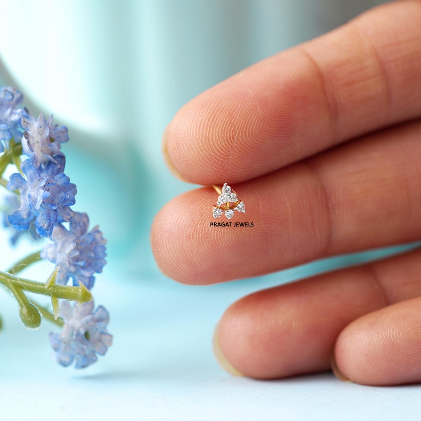 CrossOver Flower's 18K Gold Nosepin with 7 Natural Diamonds Floral Design Diamond Stud Nose Ring for Women Yellow Gold With ,Handcrafted With Love. - PRAGAT JEWELS